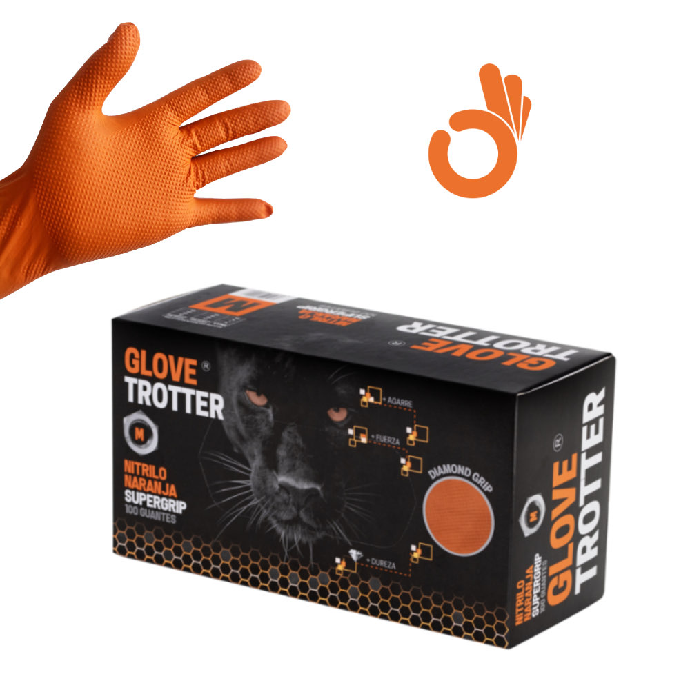 GUANTES DE NITRILO NARANJA GLOVETROTTER – Supergrip, 100 uds